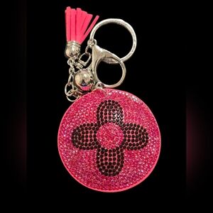 Pink Circle Flower Rhinestone Bag Charm Keychain with Tassel